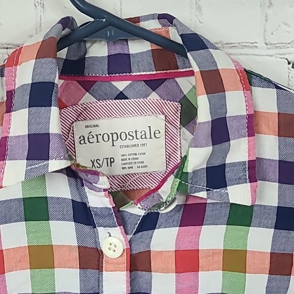 Aeropostale XS Soft Red Blue Check Plaid Button Down Long Sleeve Shirt Y2K 90s - Picture 2 of 11